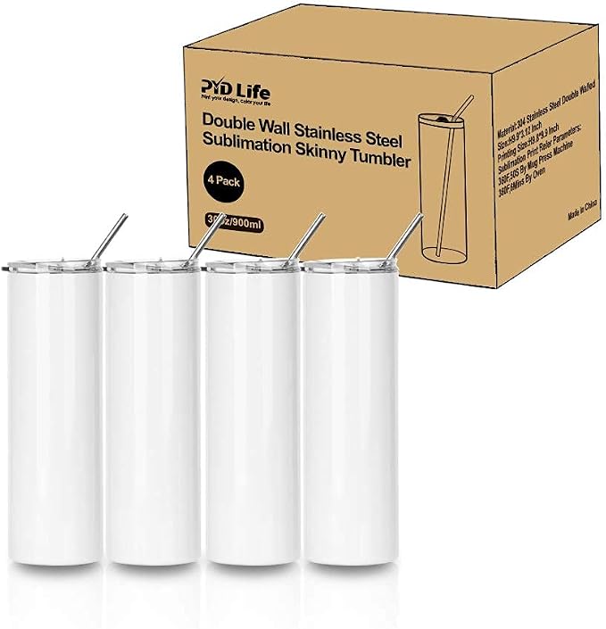 PYD Life Sublimation Blanks Tumbler Skinny 30 OZ Straight Stainless Steel Coffee Cups Mugs with Lid and Metal Straw for Tumbler Press Machine Heat Transfer 4 Pack - Image 7