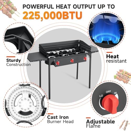3 Burner Propane Burner, 225,000 BTU High Pressure Propane Stove with Windscreen ＆ Side Shelves, Outdoor Propane Gas Stove with 0-20 PSI Regulator for Camping, Backyard, Outdoor Cooking - Image 3