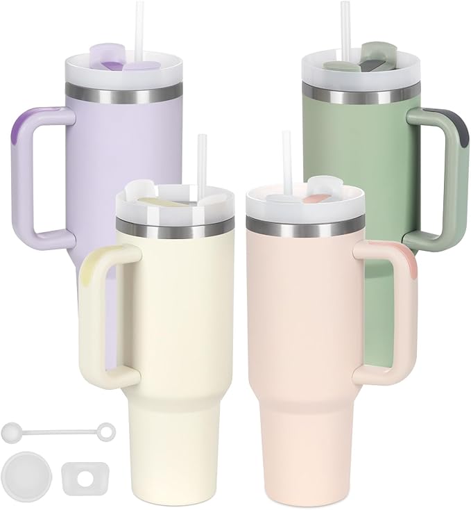 4 Pack 40 Oz Tumbler with Handle Bulk, Double Wall Vacuum Insulated Stainless Steel Tumbler with Lid and Straw, 40 oz cup with Silicone Spill Proof Stopper Set (Cream,Purple,Dark Green,Rose Quartz) by Temolulu