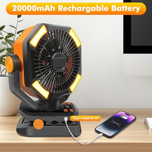 20000mAh Portable Clip on Fan Rechargeable, 7 Inch Battery Powered Desk Fan, LED Lantern & Hook, Timer,360° Rotate & 5 Speeds Strong Airflow for Camping Tent Office Outdoor Travel Golf Cart - Image 5