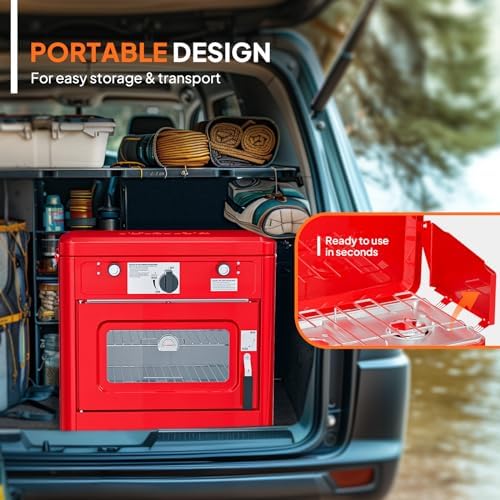 ROVSUN 2-in-1 Portable Camping Stove & Propane Oven with Piezo Igniter, 2 Burner Stove & Outdoor Oven with Adjustable Fire, Thermometer, Wind Panel & Regulator for Traveling, Tailgating (Red) - Image 4