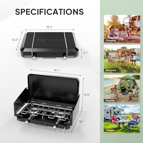 ROVSUN 2 Burner Portable Camping Stove with Adapter, 20000 BTU Tabletop Propane Camp Stove with Built-in Handle & Foldable Wind Panel for Outdoor Camping, Tailgating, Grilling - Image 6