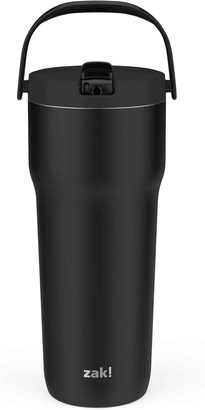 Zak Designs Sutton Travel Tumbler for On the Go, 30oz Stainless Steel with Vacuum Insulation, Straw Spout, Carry Handle for Cold Drinks (Ebony Black) by ZakDesigns