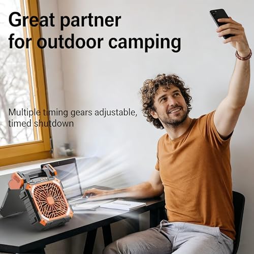 Upgraded Solar Camping Fan with Lantern - Rechargeable Battery Operated Fan 90° Adjustable Portable Table Fan for Hurricane Power Indoor Outdoor Use(Orange) - Image 7