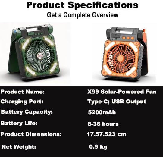 Upgraded Solar Camping Fan with Lantern - Rechargeable Battery Operated Fan 90° Adjustable Portable Table Fan for Hurricane Power Indoor Outdoor Use(Orange) - Image 6