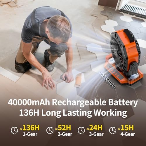 Socool 40000mAh Camping Fan Rechargeable, Battery Operated Portable Outdoor Fan Remote, 136Hrs & 4-Speed Cordless Oscillating, Table Fan with Light & Timer for Tent RV Jobsite Hurricane Power Outage - Image 3