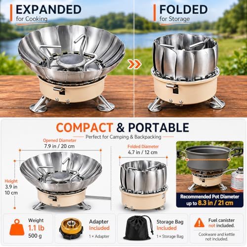 Butane Camping Stove, Portable Windproof Camping Gas Stove with Built-in Windshield, Piezo Ignition, Propane Canister Adapter, Foldable Burner for Backpacking Hiking Outdoor Cooking - Image 4