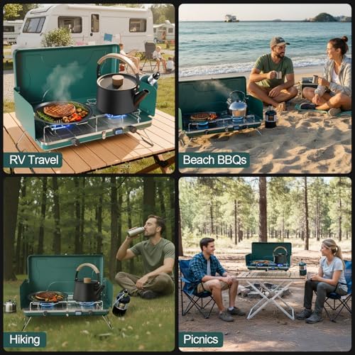 2-Burner Propane Stove, Portable Camping Cooktop with 2 Adjustable Burner and Wind Guards, 20000BTU Camping Stove with Ignition & Griddle for Camping,Tailgating, BBQ, Grilling,Outdoor Gear - Image 6