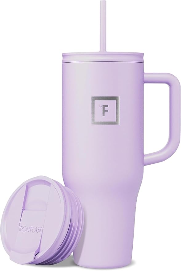 IRON °FLASK Co-Pilot Insulated Mug w/Straw & Flip Cap Lids - Cup Holder Bottle for Hot, Cold Drink - Leak-Proof- Water, Coffee Portable Travel Tumbler - Lavender, 40 Oz by IronFlask
