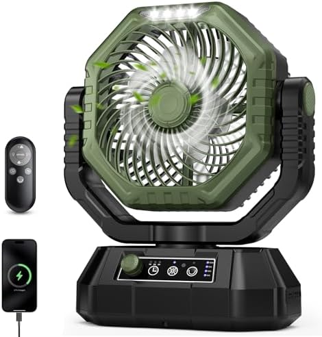 AJVV Camping Fan with Light, Remote and Oscillation, Battery Powered Hanging Tent Fan, Rechargeable Portable for Camp, Outdoor, Emergencies, Fishing, RV Travel, Jobsite by AJVV