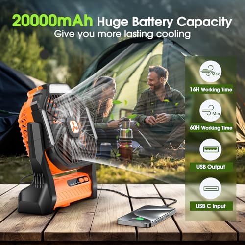 Portable Rechargeable Fan, 20000mAh Cordless Battery Powered Camping Fans - Image 2