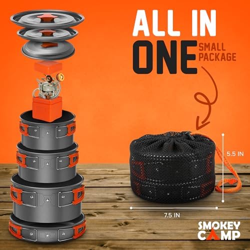 Smokey Camp Camping Cookware Mess Kit Set with Stove - Backpacking Camping Pots and Pans Set, All in One Non-Stick Camping Cooking Set, Portable Stove, Hiking, Picnic, Outdoor & Camping Cookware Set - Image 2