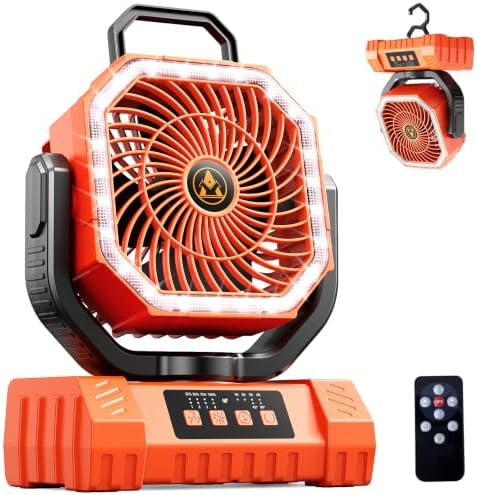 Camping Fan Rechargeable - 20000mAh Cordless Battery Powered Portable Fan with LED Lantern, Remote Auto Oscillating Wireless Fan USB Rechargeable Tent Fan for Travel Outdoor Cooling Car Home (Orange) by Unknown