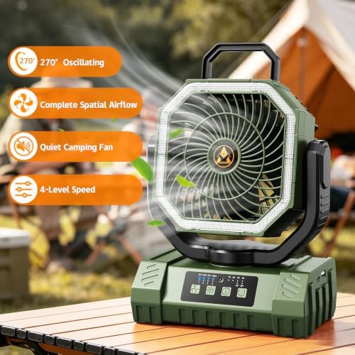 Camping Fan Rechargeable - 20000mAh Cordless Battery Powered Portable Fan with LED Lantern, Remote Auto Oscillating Wireless Fan USB Rechargeable Tent Fan for Travel Outdoor Cooling Car Home (Green) - Image 7