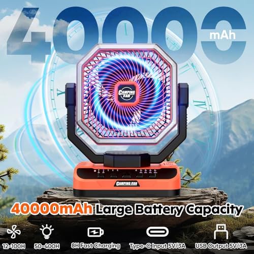 40000mAh Camping Fan with LED Light, 5-Speed Battery Fan Up to 100H Runtime - Image 2