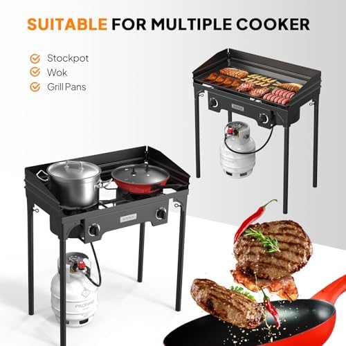 ROVSUN 2 Burner Outdoor Propane Gas Stove with Regulator, Windpanel & Carrying Bag, 150,000 BTU Powerful Stand Cooker for Backyard Cooking Camping Home Brewing Canning Turkey Frying - Image 3
