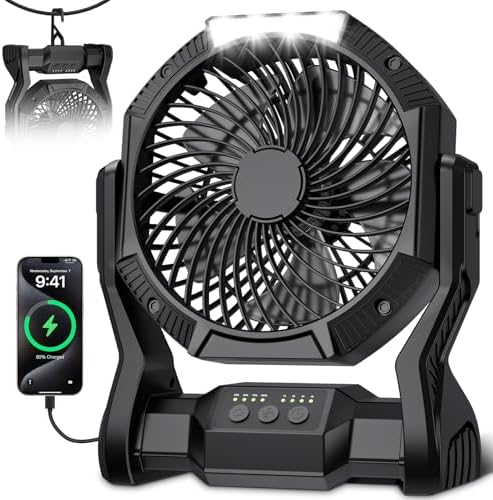 Portable Rechargeable Fan, 20000mAh Battery Powered Camping Fan with LED Light & Hook, 270° Adjustable, 4-Speed, 4H Timer Camping Essentials for Outdoor Tent Travel BBQ Car, Gifts for Men Dad - Image 2