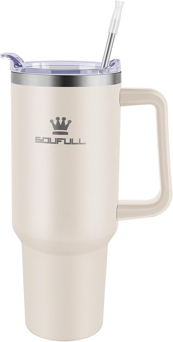 40 oz Tumbler with Handle and Straw Lid, 100% Leak-proof Travel Coffee Mug, Stainless Steel Insulated Cup for Hot and Cold Beverages, Keeps Cold for 34Hrs or Hot for 10Hrs, Dishwasher Safe (Cream) - Image 2
