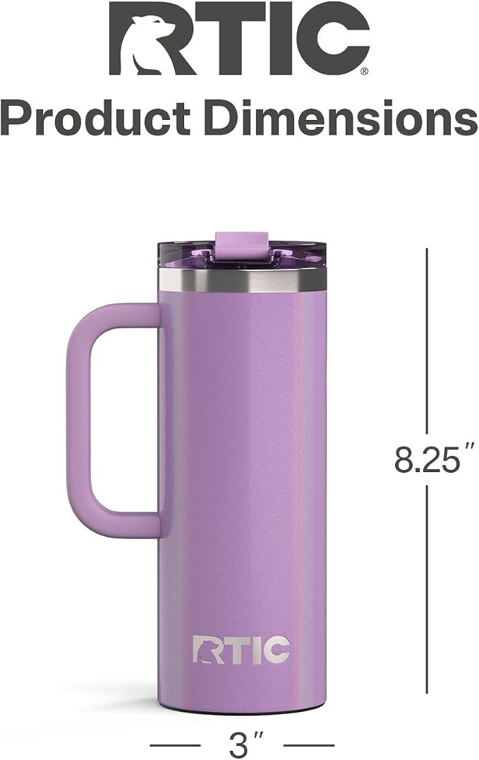 RTIC 20oz Road Trip Travel Mug with Lid and Handle, Ceramic Lined, Insulated, Stainless Steel, Metal, Double Wall Vacuum-Insulation, Portable Coffee, Tea Cup for Hot and Cold Drink, Lavender Glitter - Image 4