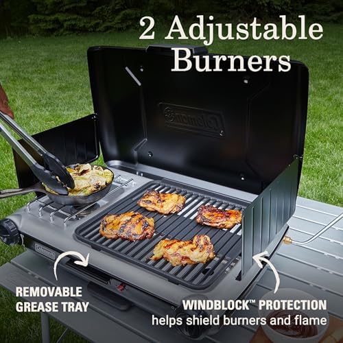 Coleman Tabletop 2-in-1 Grill & Stove with 2 Adjustable Burners, Propane Grill/Stove with Push-Button Starter, Wind Guards, Grease Tray, & 20,000 BTUs of Power for Camping, Tailgating, & More - Image 3
