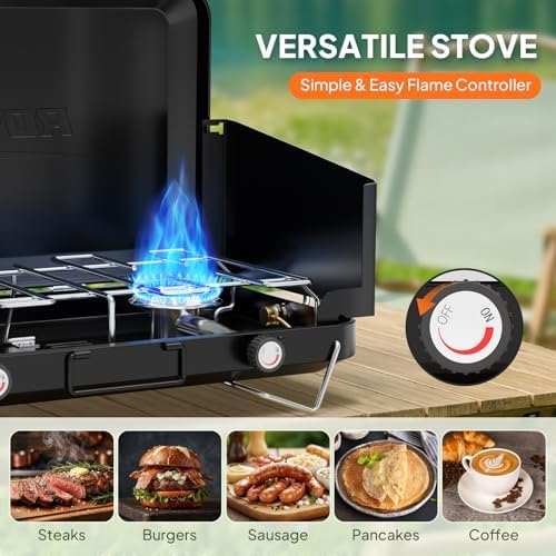 ROVSUN 2 Burner Portable Camping Stove with Adapter, 20000 BTU Tabletop Propane Camp Stove with Built-in Handle & Foldable Wind Panel for Outdoor Camping, Tailgating, Grilling - Image 3