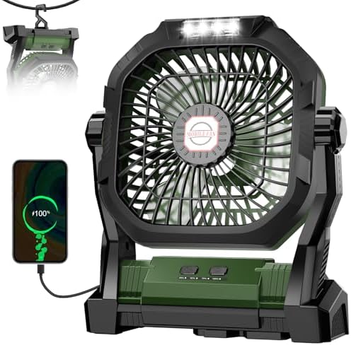 Camping Fan Rechargeable, 20000mAh Battery Powered Portable Fan with LED Light, 4-Speed 180° Adjustable, Camping Essentials for Tent, Travel, Car, Outdoor, Indoor, BBQ, Fishing, Jobsite - Green - Image 2
