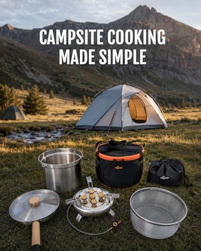 Camping Cookware Set with Stove, Stainless Steel Outdoor Cooking Kit with Pot, Strainer Pot, Frying Pan, Adapter and Storage Bag, Portable Camping Pots and Pans Set for Camping, Hiking, Backpacking - Image 6