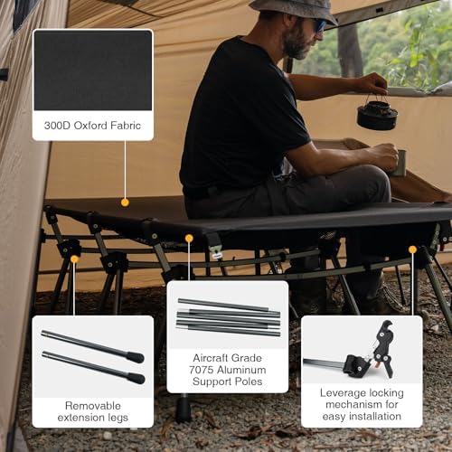 ONETIGRIS SUPRATIROS Extra Large Camping Cot, Height Adjustable Oversized Sleeping Cot with Extending Legs for Camping, Car Trips, Truck, Beach, Office Nap, Sturdy Supports Up to 400lbs (Black) - Image 3
