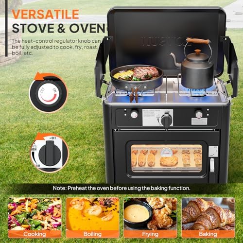 ROVSUN 2-in-1 Portable Camping Stove & Propane Oven with Piezo Igniter, 2 Burner Stove & Outdoor Oven with Adjustable Fire, Thermometer, Wind Panel & Regulator for Traveling, Tailgating (Black) - Image 3