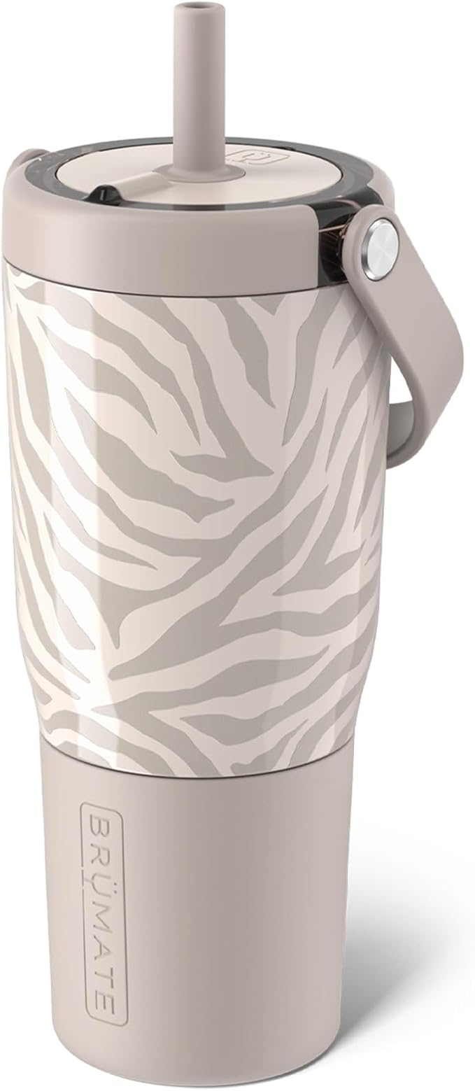 BrüMate Resa 25oz 100% Leakproof Travel Tumbler with Handle & Straw | Flexible SoftSip Straw | Silicone Sleeve for Durability | Stainless Steel | Cup Holder & Travel Friendly Water Bottle | (Zebra) by Br%C3%BCMate