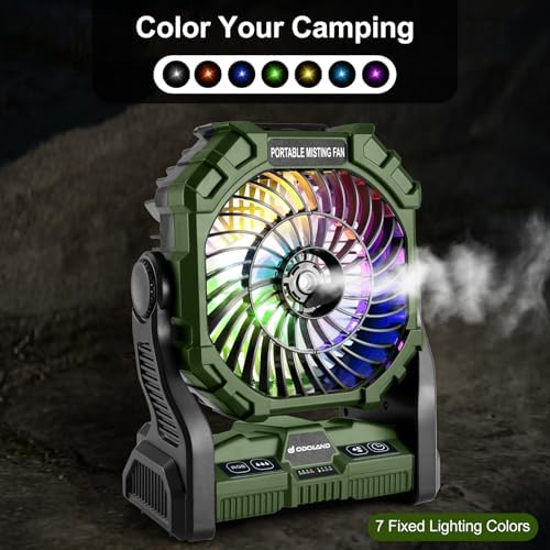 Odoland Portable Camping Fan with LED Lantern, 20000mAh Battery Operated Rechargeable Misting Fan with Light, 250mL Water Tank, Hook, Outdoor Tent Cooling Fans for Patios Beach Travel Summer, Green - Image 4