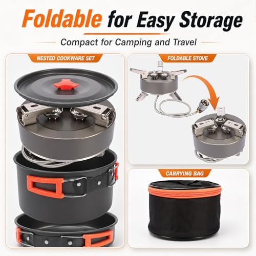 Portable Camping Stove, 5800W Foldable Outdoor Gas Stove with Nonstick Pot, Frying Pan, Mesh Carry Bag, 1 lb Propane Tank Adapter and Hose for Camping, Hiking, Picnic - Image 2