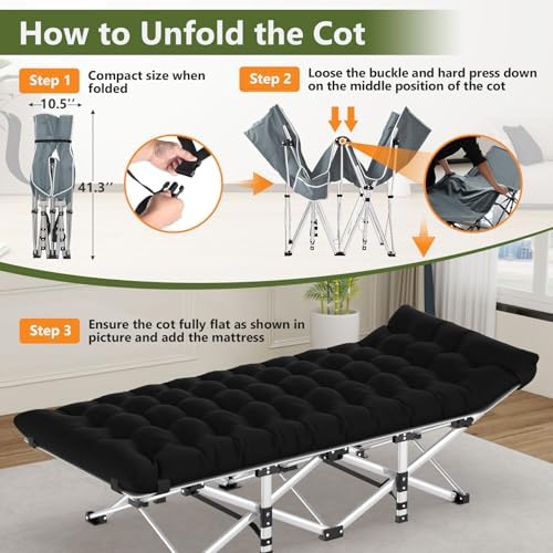 Slendor Camping Cot for Adults, Folding Bed with 3.5" Mattress, 500lbs - Image 5