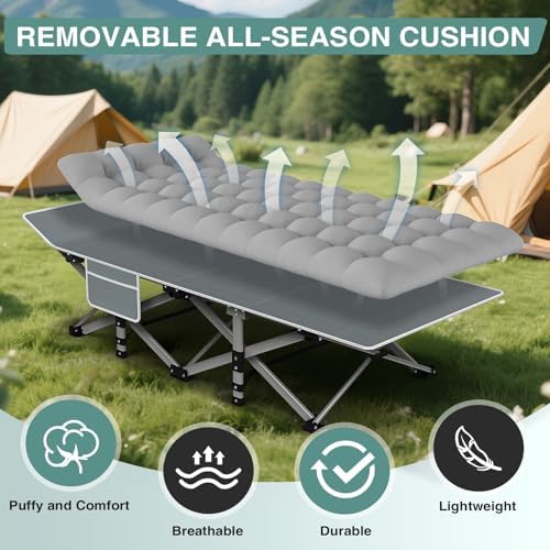 ZENPETIO Camping Cot for Adults - Heavy-Duty Cot Bed with Mattress, Portable Sleeping Cots for Outdoor Indoor, 1200D Oxford Folding Cots for Home Travel, Max Load 500LBS, Fits People up to 6'3", Gray - Image 4