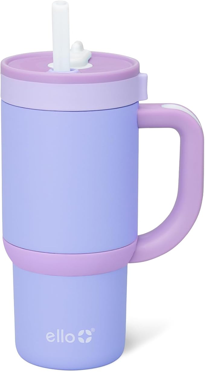 Ello Oasis 14oz Stainless Steel Toddler Tumbler with Handle & Retracting Straw, 100% Leakproof, Double-Wall Vacuum Insulated, Kids Water Bottle for School, BPA Free, Dishwasher Safe, Lavender Fields by Ello