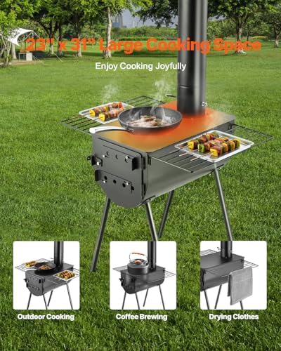 VEVOR 118" Camping Wood Stove, Portable Alloy Steel Tent Stove with 3000in³ Firebox, Outdoor Heating & Cooking Stove with Chimney Pipes & Gloves, Includes 8 Pipes for Efficient Heating - Image 3