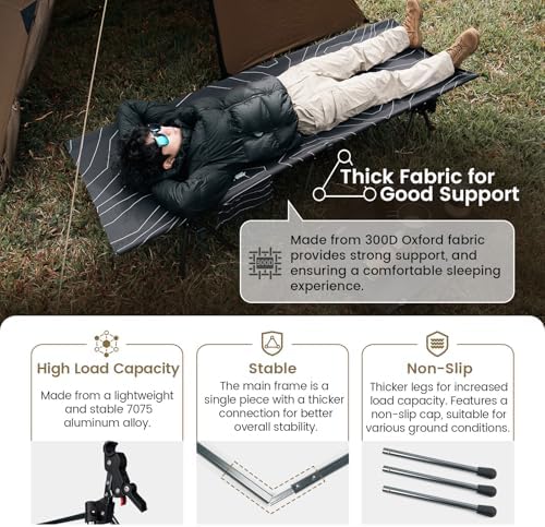 ONETIGRIS SUPRANUBIS Camping Cot, Height Adjustable with Cot Leg Extenders, Strong Support 330lbs, Lightweight Comfortable Folding Bed for Camping, Hiking, Travel, Truck, Beach, Office Nap - Image 2