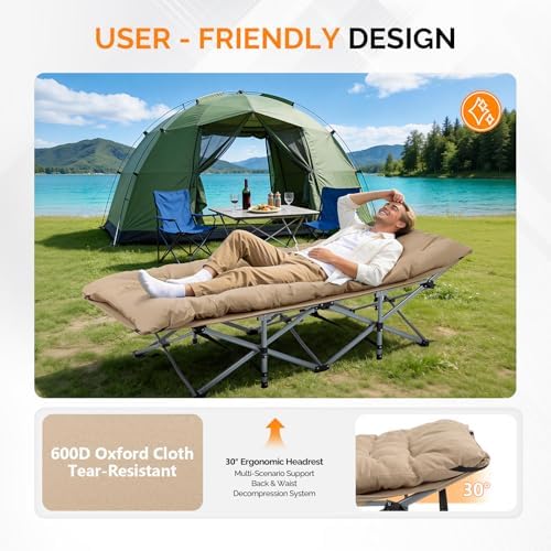 VINGLI Folding Camping Cot Bed,Camping Cots for Adults with Mattress, Foldable Cots for Sleeping with Pillow 1200D Layer Oxford for for Guest,Travel,Hiking-Brown 1P - Image 7