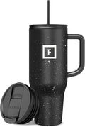 IRON °FLASK Co-Pilot Insulated Mug w/Straw & Flip Cap Lids - Cup Holder Bottle for Hot, Cold Drink - Leak-Proof- Water, Coffee Portable Travel Tumbler - Black Speckle, 40 Oz by IronFlask