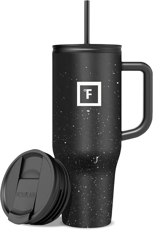 IRON °FLASK Co-Pilot Insulated Mug w/Straw & Flip Cap Lids - Cup Holder Bottle for Hot, Cold Drink - Leak-Proof- Water, Coffee Portable Travel Tumbler - Black Speckle, 40 Oz by IronFlask