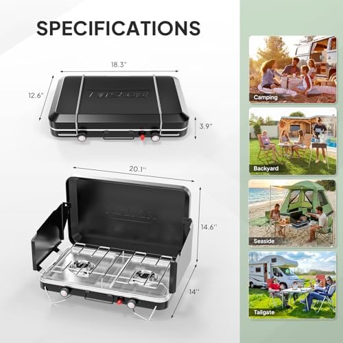 ROVSUN 2 Burner Portable Camping Stove with Igniter, 20000 BTU Propane Camp Stove with Adapter, Built-in Handle & Foldable Wind Panel for Outdoor Camping, Tailgating, Grilling - Image 6