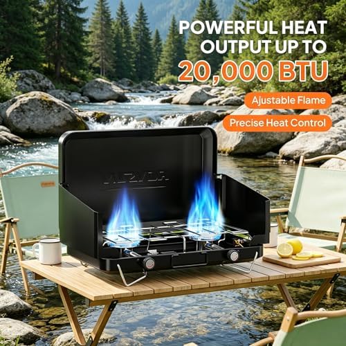 ROVSUN 20000 BTU Propane Camping Stove with Adapter, 2 Burner Tabletop Portable Propane Camp Stove with Built-in Handle & Foldable Wind Panel for Outdoor Camping, Tailgating, Grilling - Image 3