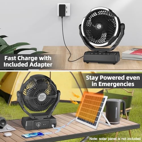 PANERGY Camping Fan with Light - 20000mAh Rechargeable Battery Fan with Charger, 70Hrs Cooling Time, 4 Speeds, 110° Auto Oscillation & 270° Pivot Design with Hook for Camping/Power Outage/Hurricane - Image 3