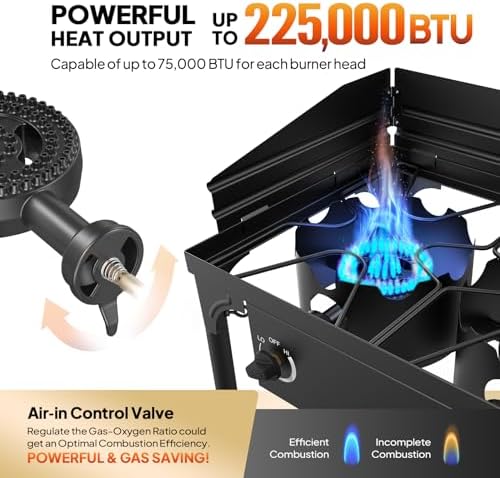 ROVSUN 3 Burner Propane Gas Stove with Carrying Bag, 225,000 BTU Patio Outdoor Camping Burner with Wind Panel & CSA Listed Regulator, Picnic Cooker for Home Patio Cooking Brewing Turkey Frying Canning - Image 2
