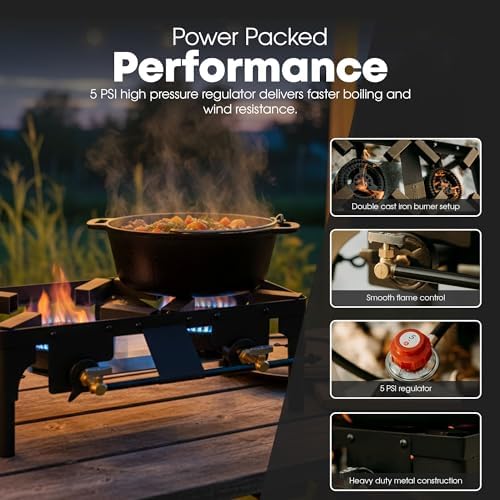 GasOne Double Propane Burner with Adjustable Height 4-Tier Removable Legs for Outdoor Cooking – High Pressure Camping Accessories Camp Stove – Cast Iron Portable Stove Top - Patent Pending - Image 4