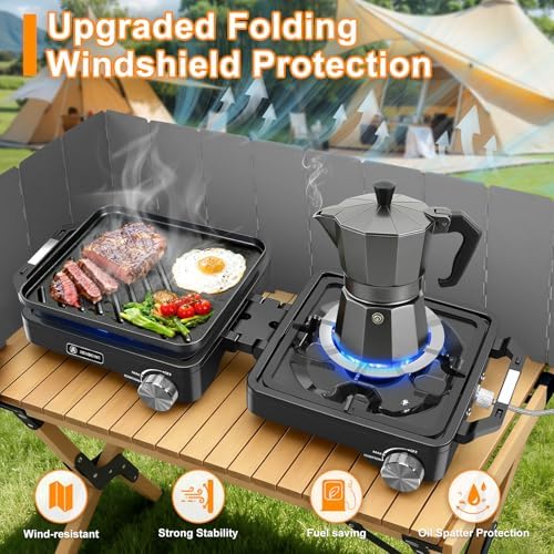 2-Burner Pro Camping Stove,24000 BTU Camp Stove,Foldable Propane Stove Includes Carry Bag,Windscreen Griddle, Portable Stove,Camping Essentials,Suitable For Outdoor Cooking (Black) - Image 3