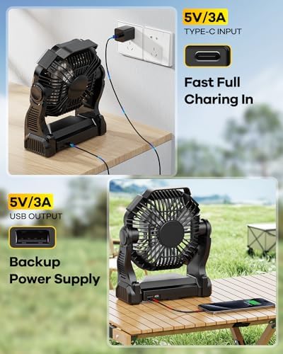 Rechargeable Camping Fan with LED Lantern,Portable Battery Powered Outdoor Fan for Bedroom,Camping,Travel,Hiking,Beach,Office,Trave Accessories(Black) - Image 3
