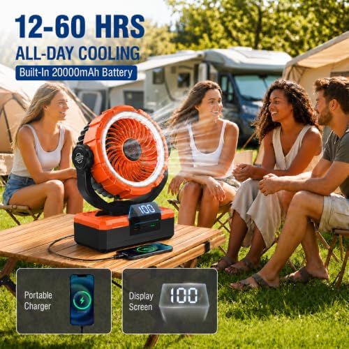 9-Inch Rechargeable Camping Fan 【Auto-Oscillating, Max 60H】20000mAh Portable Battery Powered Operated Fan,Light,Timer,Hook,Outdoor Tent Fans for Patios,Beach,Fishing,Emergency,Camping Gear Essentials - Image 4