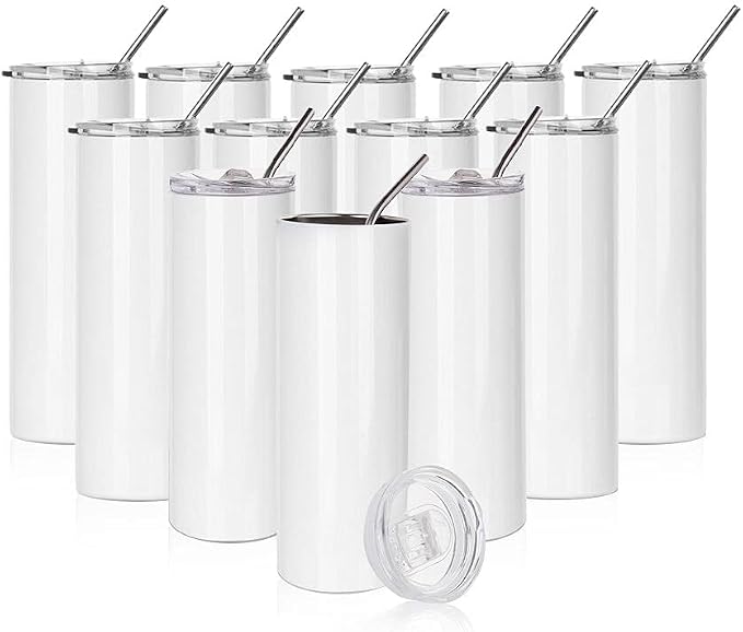 PYD Life 12 Pack Sublimation Tumblers Blanks Skinny White 20 OZ Straight Bulk Stainless Steel Cups with Metal Straw and Lid for Tumbler Heat Press Machine Sublimation Print by PYDLife