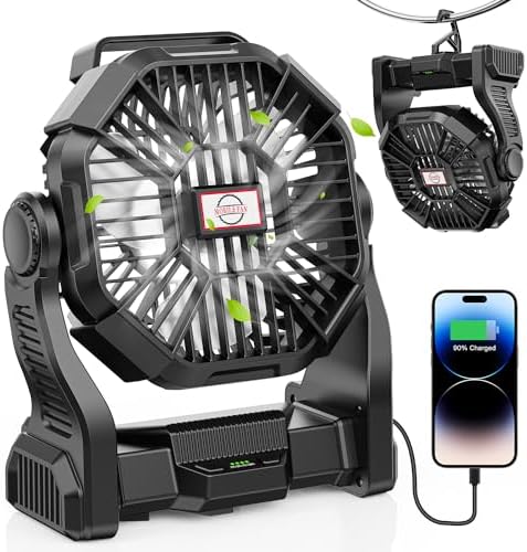 DOWILLDO Portable Battery Powered Camping Fan - with LED Light, Quiet Battery Operated, Camping Gear for Travel, Tent, Beach, Car or Hurricane Power Outages by DOWILLDO